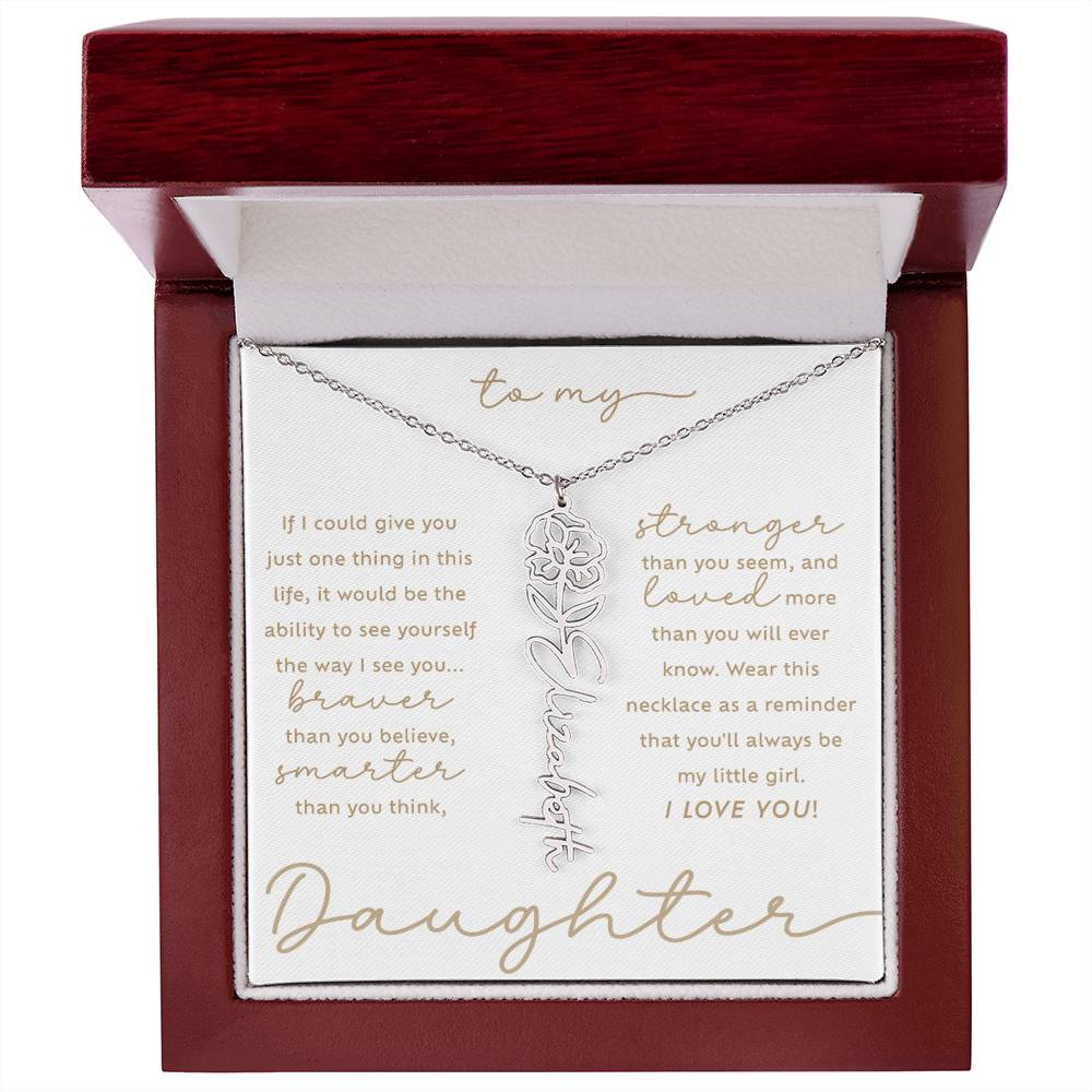 To My Daughter i love you message card August poppy birth month flower custom script name necklace in polished stainless steel - luxury LED light gift box - perfect Christmas or birthday gift for your lovely daughter