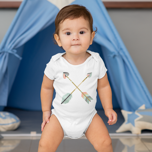 Cute baby boy wearing a criss cross boho arrows white baby onesie bodysuit for boys and girls, matching mommy-and-me Christian Raising Arrows Psalm 127:4-5 scripture faith-based Mom T-Shirt