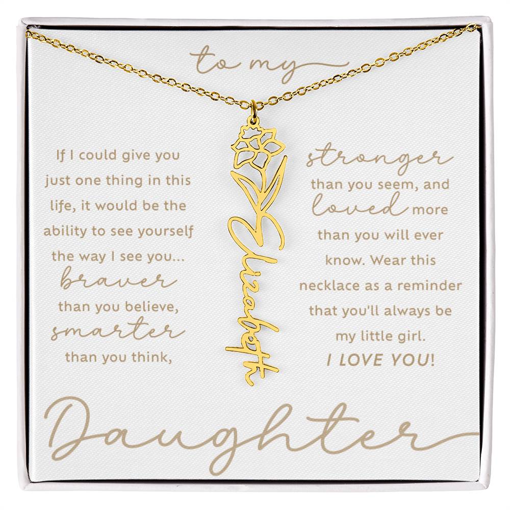 To My Daughter i love you message card December narcissus birth month flower script custom name 18k gold necklace in a standard two-tone gift box - perfect Christmas or birthday gift