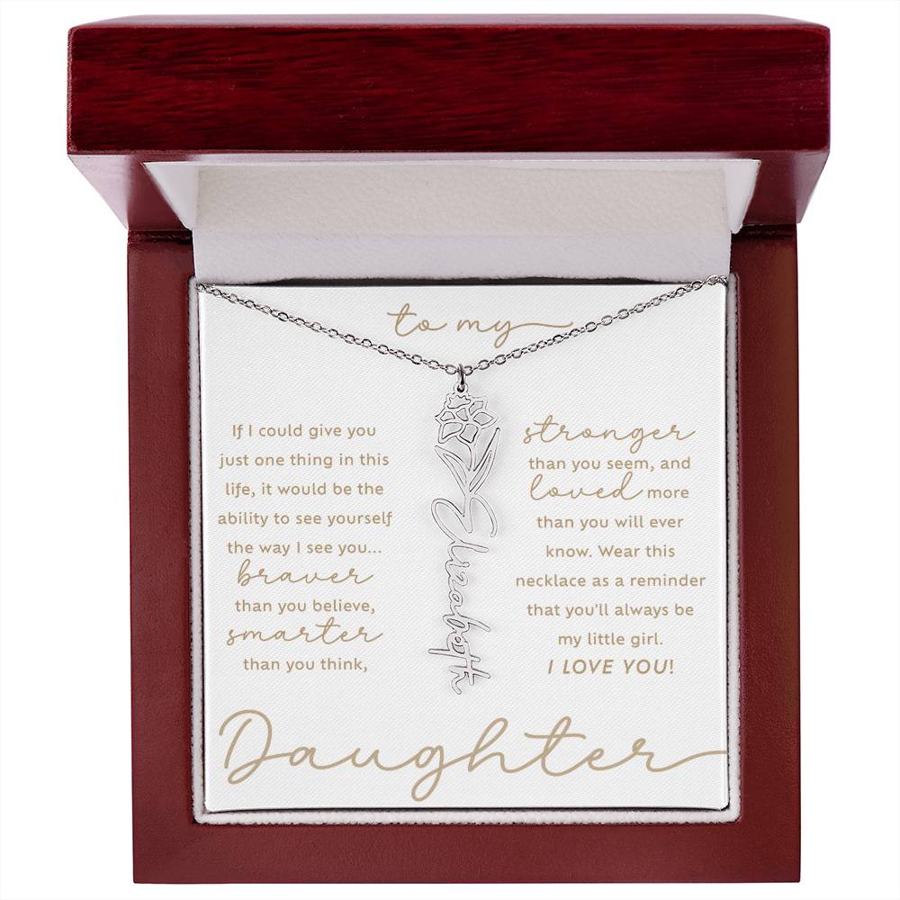 To My Daughter i love you message card December narcissus birth month flower custom script name necklace in polished stainless steel - luxury LED light gift box - perfect Christmas or birthday gift for your lovely daughter