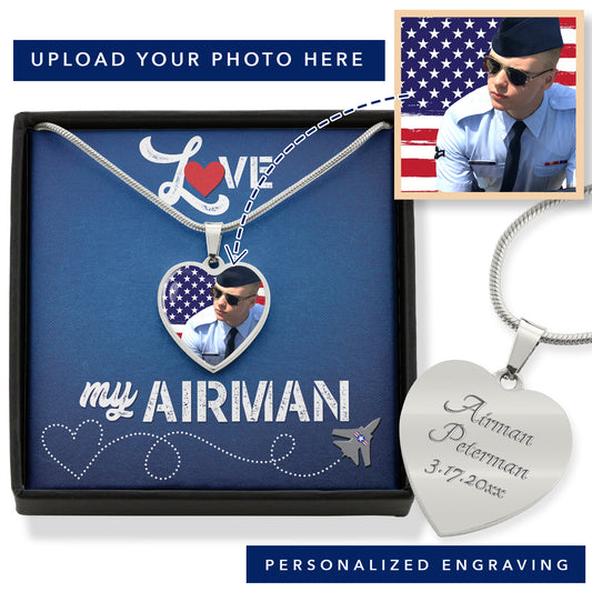 Love My Airman Personalized Air Force Photo Heart Necklace Gift / Silver Engraved on the back side / for usaf wing mom, wife, grandma, sister, girlfriend, perfect for basic training BMT graduation or farewell party gift