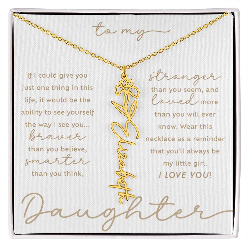 To My Daughter i love you message card custom February iris birth month flower script name 18k gold necklace in a standard two-tone gift box - perfect Christmas or birthday gift