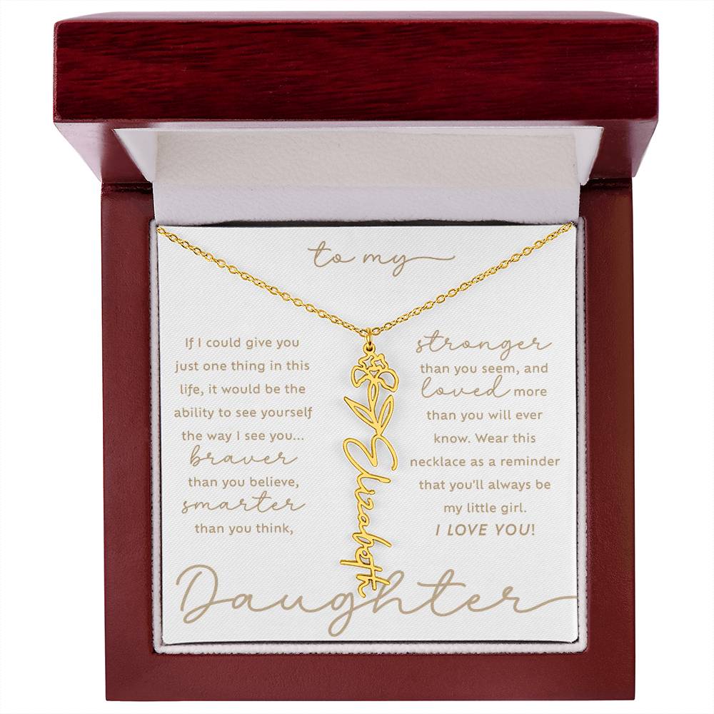 To My Daughter i love you message card February iris birth month flower custom script name necklace in 18k gold - luxury LED light gift box - perfect Christmas or birthday gift for your lovely daughter