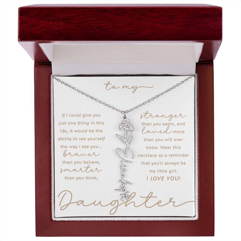 To My Daughter i love you message card February iris birth month flower custom script name necklace in polished stainless steel - perfect Christmas or birthday gift for your lovely daughter