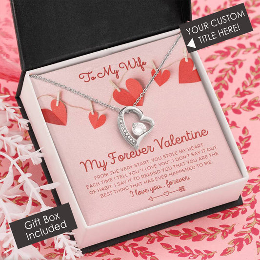 To My Wife, Girlfriend, Soulmate, Custom title, My Forever Valentine heart white gold and cubic zirconia necklace Valentine's Day gift for her with pink and red hearts I Love You personalized message card with jewelry gift box included