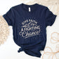 Navy Blue Unisex Tee with Christian Bible verse quote that says, "Give Faith A Fighting Chance" with retro sunburst and mountain graphics, t-shirt designed for faith-based men and women