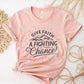 Boho Heather peach Unisex Tee with Christian Bible verse quote that says, "Give Faith A Fighting Chance" in charcoal gray with retro sunburst and mountain graphics, t-shirt designed for faith-based men and women