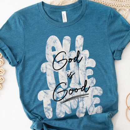 Christian faith-based unisex soft heather deep teal t-shirt with inspirational quote 'God is Good All The Time' in modern trendy font – religious apparel for men and women