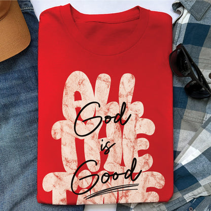 Christian faith-based unisex red t-shirt with inspirational quote 'God is Good All The Time' in modern trendy font – religious apparel for men and women