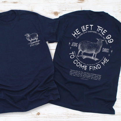 Navy blue men's Christian t-shirt with Luke 15 He Left the 99 To Come Find Me verse and Psalm 23 The Lord is My Shepherd scripture and  Sheep illustration printed on front and back side in white with hebrew Jesus Yeshua