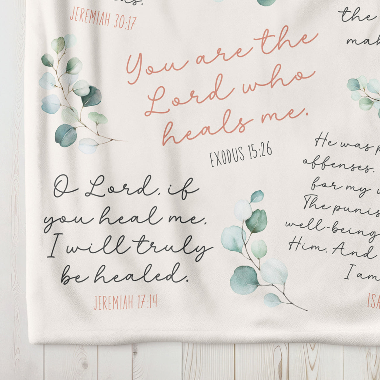 Healing Scriptures velveteen minky throw / lap / bed blanket, prayer shawl gift, bible verses word of God from Psalms, 2 Kings, James, Isaiah, Jeremiah, Exodus, in charcoal gray, ivory, and dusty pink with sage green watercolor eucalyptus in 50 x 60 inch or 60 x 80 inch sizes