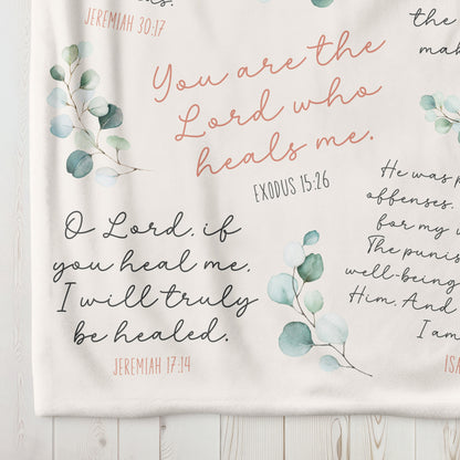 Healing Scriptures velveteen minky throw / lap / bed blanket, prayer shawl gift, bible verses word of God from Psalms, 2 Kings, James, Isaiah, Jeremiah, Exodus, in charcoal gray, ivory, and dusty pink with sage green watercolor eucalyptus in 50 x 60 inch or 60 x 80 inch sizes
