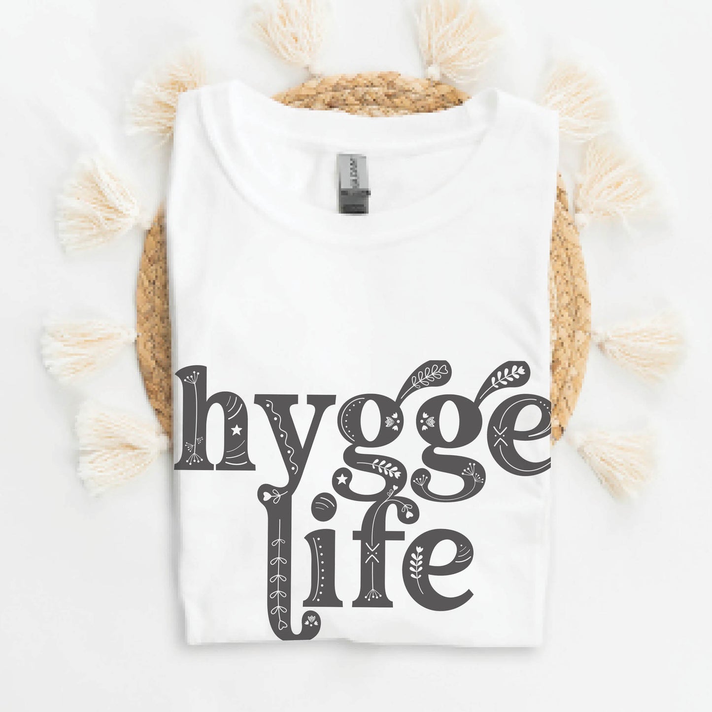 Coziness vibes boho white and gray Hygge Life Holy Hygge Women's unisex Christian t-shirt with Scandinavian floral and heart art for the cozy fall and winter season