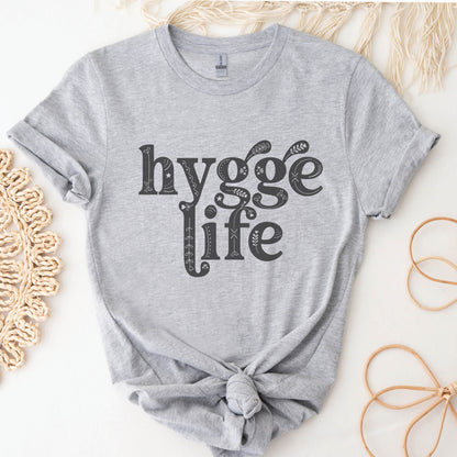 Coziness vibes heather gray Hygge Life Holy Hygge Women's unisex Christian t-shirt with Scandinavian floral and heart art for the cozy fall and winter season