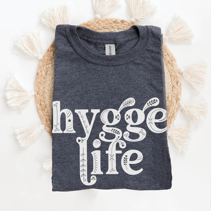 Coziness vibes boho inspirational heather dark gray "Hygge Life" quote Holy Hygge Women's unisex Christian t-shirt with Scandinavian floral and heart art for the cozy fall and winter season