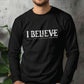 Black unisex long sleeve Christian t-shirt featuring distressed 'I Believe - John 9:35-38' Bible verse print, perfect for men and women expressing their faith