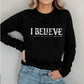 Black unisex long sleeve Christian t-shirt featuring distressed 'I Believe - John 9:35-38' Bible verse print, perfect for men and women expressing their faith