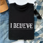 Soft black unisex Christian t-shirt featuring distressed 'I Believe - John 9:35-38' Bible verse print in white, perfect for men and women expressing their faith