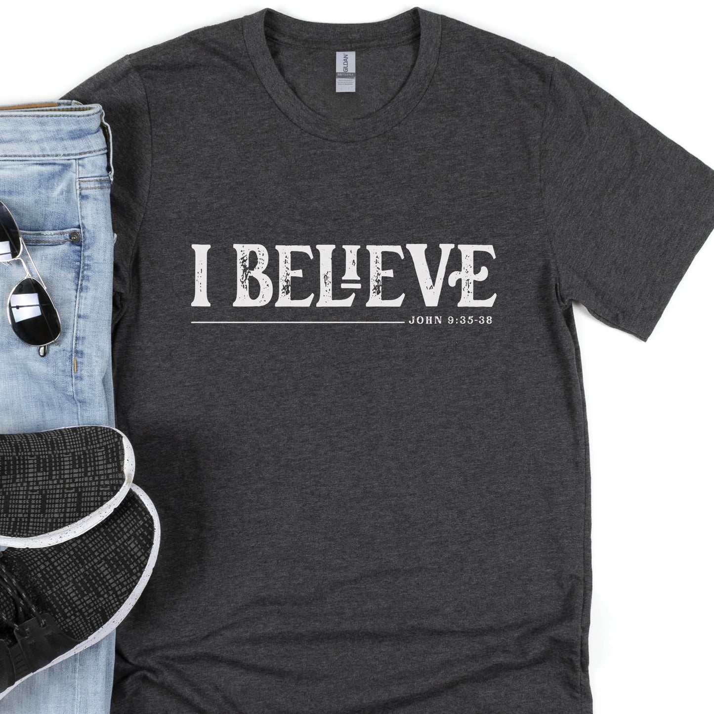 Comfortable heather dark gray I BELIEVE John 9:35-38 bible verse faith statement Men's Christian t-shirt, "I was blind and now I see" scripture, perfect Christmas gift for him