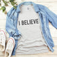 I BELIEVE Christian aesthetic faith-based bold statement distressed typography t-shirt design printed in matte black on heather sport gray unisex fit t-shirt, designed for men & women believers