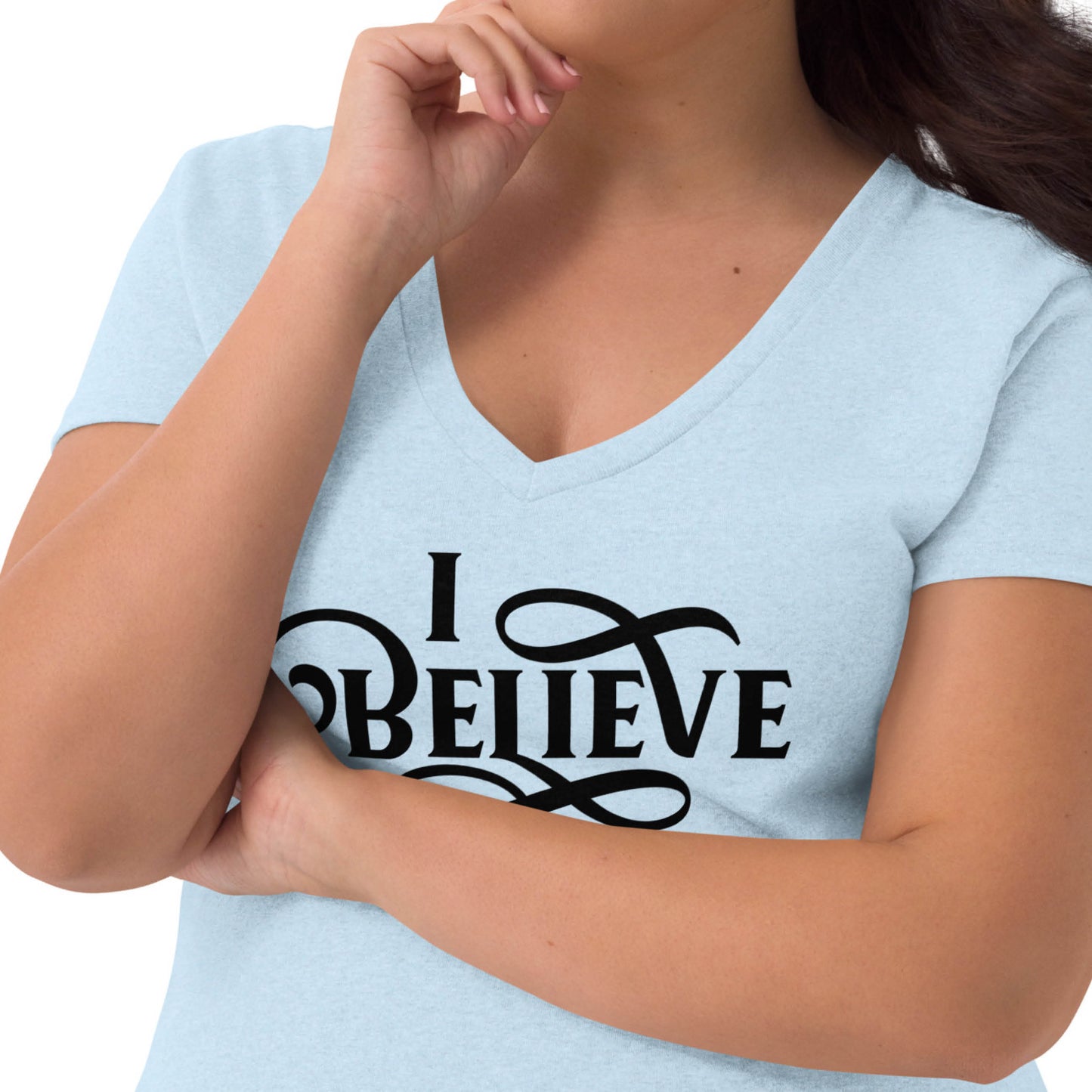 plus size woman wearing a light baby blue I Believe Swirl Christian aesthetic Jesus believer V-neck t-shirt design printed in black on soft wide vneck tee for faith-based women, gift for her