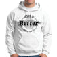 Happy man wearing a white color faith-based oversized cozy hoodie with "Jesus is BETTER - Once and For All" logo style design in black and white, created for Christian men and women