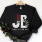 Cozy "JB" typography "Jesus is Better Once and For All" design in white and red letters, based on the Christian bible book of Hebrews, printed on a black color Unisex crewneck sweatshirt, created for faith-based men and women