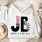 Cozy "JB" typography "Jesus is Better Once and For All" design in black and red letters, based on the Christian bible book of Hebrews, printed on a white color unisex hoodie, created for faith-based men and women