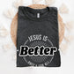 Folded Heather Dark Gray "Jesus Is Better - Once & For All" bible book of Hebrews faith-based Christian unisex t-shirt for women with a bold white and black sunburst logo style design