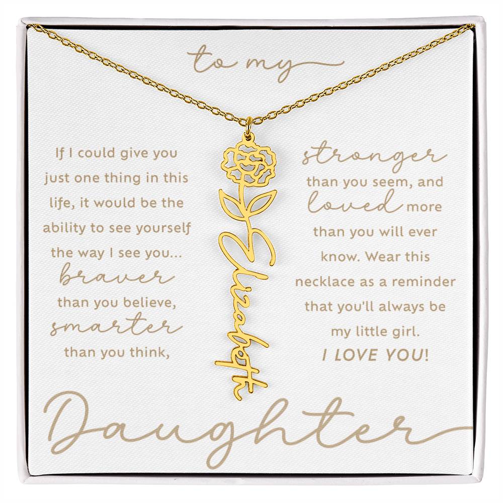 To My Daughter i love you message card custom January carnation birth month flower script name 18k gold necklace in a standard two-tone gift box - perfect Christmas or birthday gift