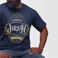 Navy blue and gold Christian faith-based unisex t-shirt featuring a gold ornamental blackletter-style frame design with the text 'Jehovah Jireh The Lord My Provider' and 'Genesis 22:14' Bible verse, inspirational statement religious apparel for men and women