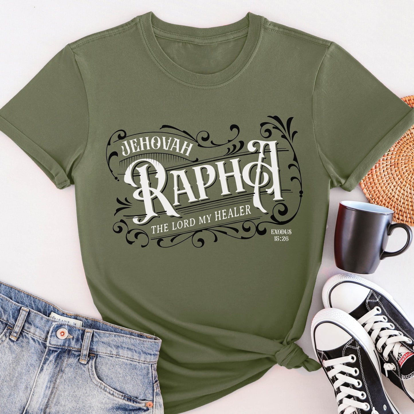 Military green "Jehovah Rapha, The Lord My Healer" Exodus 16:26 bible verse Hebrew meaning unisex Christian t-shirt designed for men and women