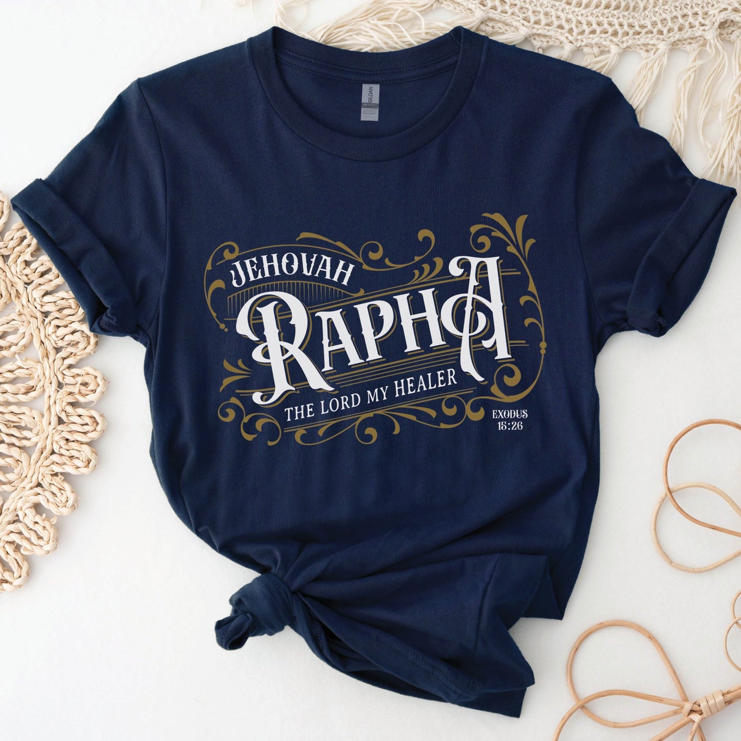 Navy blue "Jehovah Rapha, The Lord My Healer" Exodus 16:26 bible verse Hebrew meaning unisex Christian t-shirt designed for men and women