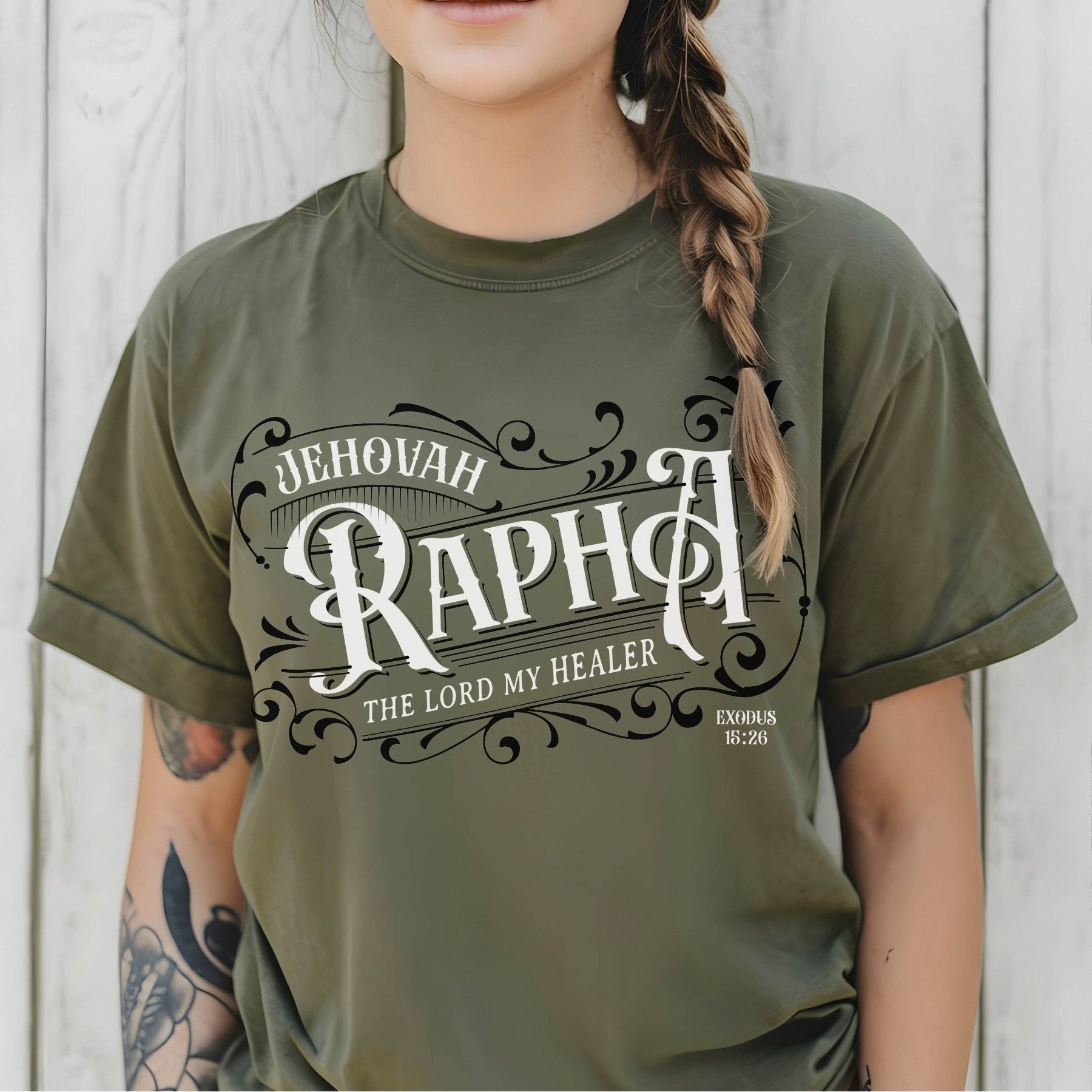 Womens military green "Jehovah Rapha, The Lord My Healer" Exodus 16:26 bible verse Hebrew meaning unisex Christian t-shirt designed for men and women