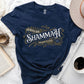 Gold Jehovah Shammah "The Lord Is There" Christian unisex navy blue t-shirt from Ezekiel 38:35 vision bible verse Hebrew meaning, with vintage blackletter and ornate decorative swirl filigree design, created for men and women believers