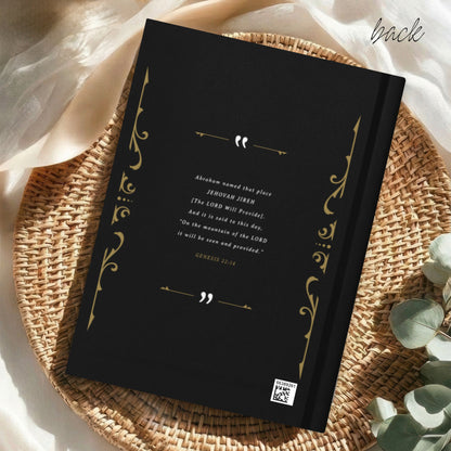 'Jehovah Jireh, The LORD My Provider, Genesis 22:14' bible verse printed Christian prayer journal black lined notebook with gold and white vintage blackletter oval ornate frame design