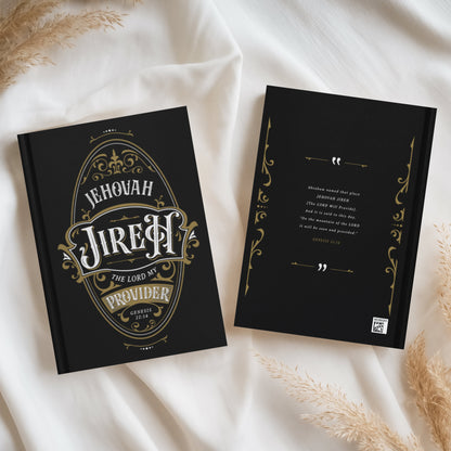 Front and back sides of a 5.75x8" 150 page 'Jehovah Jireh, The LORD My Provider, Genesis 22:14' bible verse printed Christian prayer journal black lined notebook with gold and white vintage blackletter oval ornate frame design