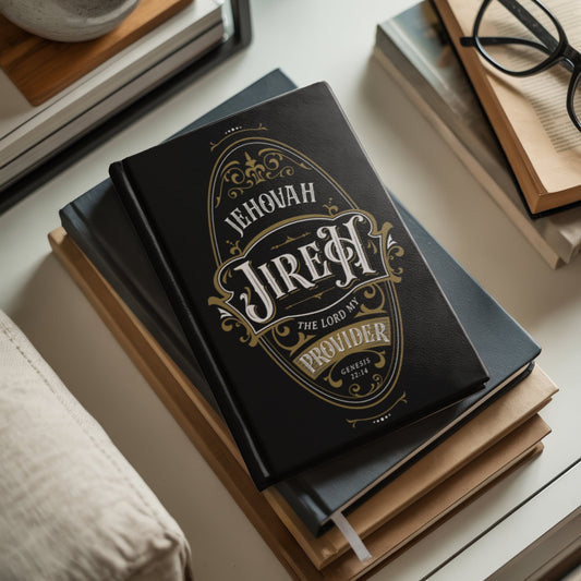 Black Christian prayer journal lined notebook with gold and white vintage blackletter oval ornate frame design with Jehovah Jireh The LORD My Provider Genesis 22:14 bible verse printed on the front and back sides, laying on top of a stack of books