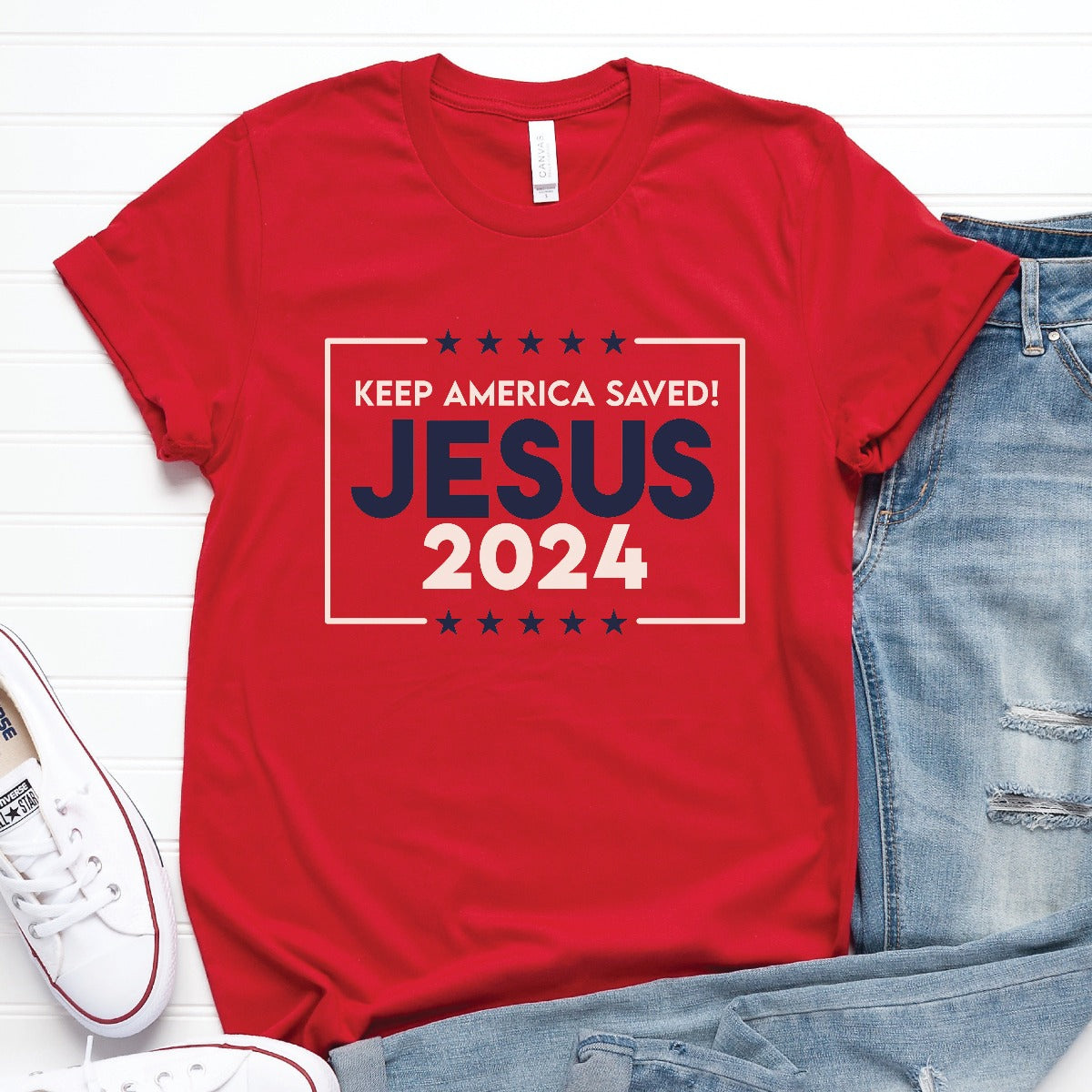 Patriotic red stars and stripes Presidential election vote unisex Christian t-shirts that say "Jesus 2024 Keep America Saved" in bold red, white, and blue fonts, made in the USA for men and women God & Country Patriots