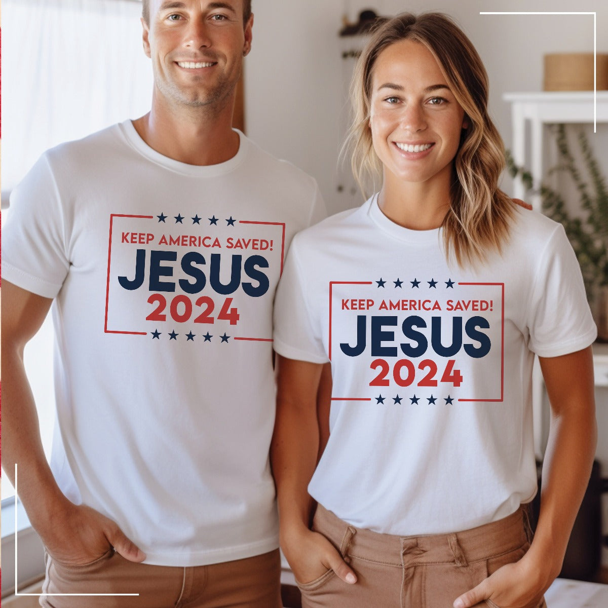 Patriotic married couple wearing soft white Bella Canvas 3001 Presidential election vote unisex Christian t-shirts with "Jesus 2024 Keep America Saved" printed in bold red, white, and blue fonts, tees made in the USA for men and women God & Country Patriots