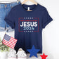 Navy blue Bella Canvas 3001 stars and stripes Presidential election vote unisex Christian t-shirt, Jesus 2024 Keep America Saved" in bold red, white, and blue fonts, made in the USA, made for men and women God & Country Patriots