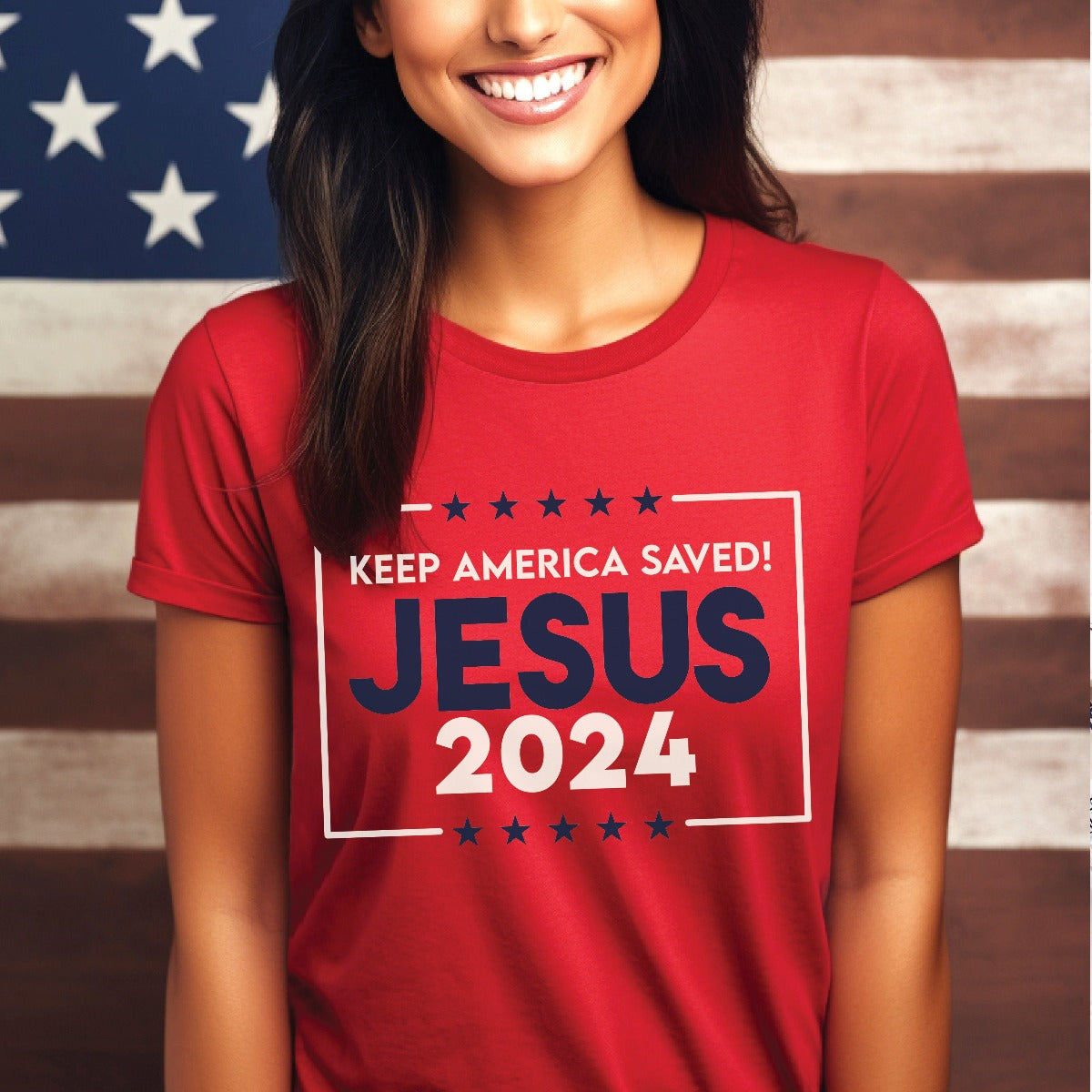 Patriotic young woman wearing a red stars and stripes Presidential election vote unisex Christian t-shirts that say "Jesus 2024 Keep America Saved" in bold red, white, and blue fonts, made in the USA for men and women God & Country Patriots