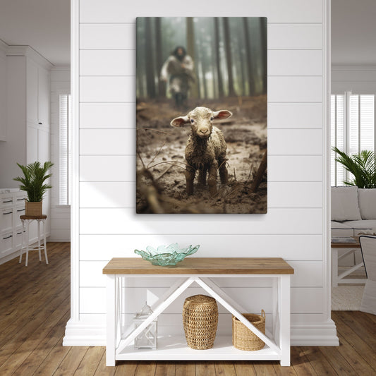 Jesus running after a lamb Christian 24x36" canvas statement wall art, Jesus finds the lost sheep captivating home decor artwork inspired by Matthew 18:12-14 & Luke 15: 4-7 bible verses, He left he 99 to find the one, Jesus loves you