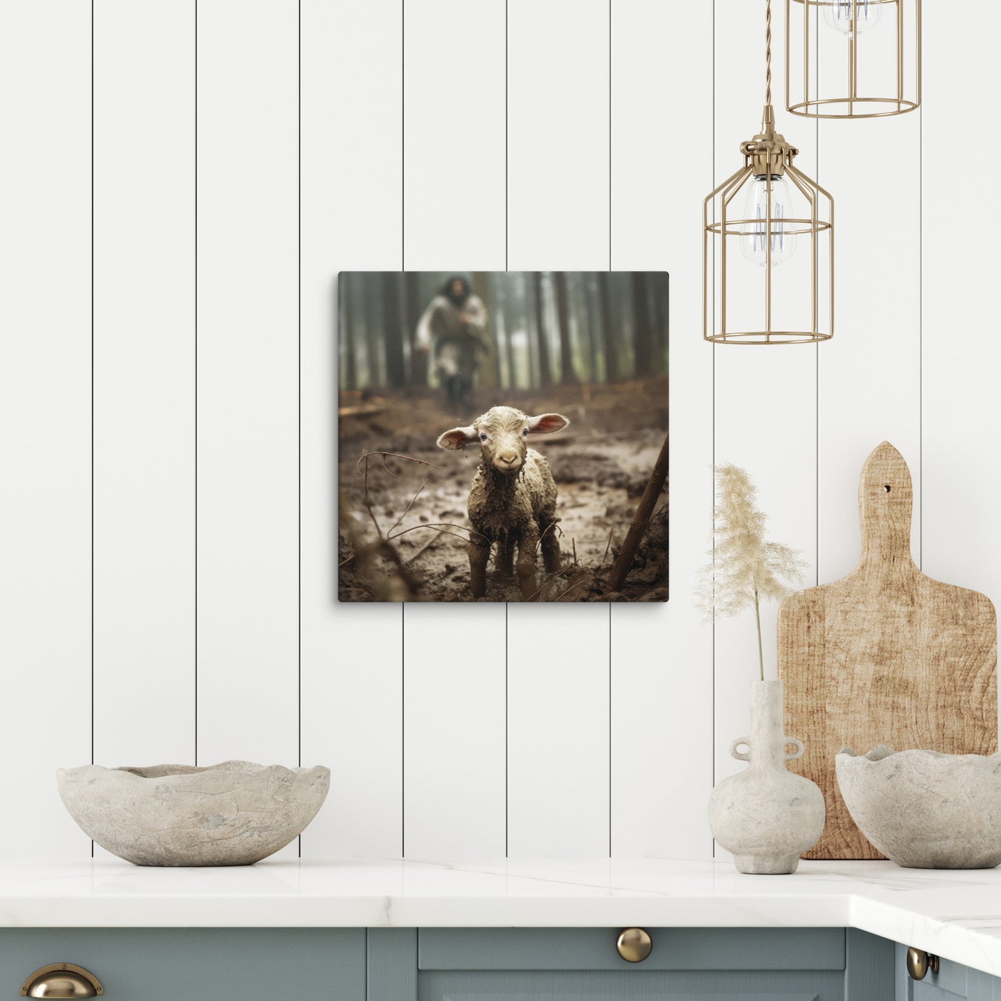 Jesus running after a lamb Christian 12x12" canvas statement wall art, Jesus finds the lost sheep captivating home decor artwork inspired by Matthew 18:12-14 & Luke 15: 4-7 bible verses, He left he 99 to find the one, Jesus loves you