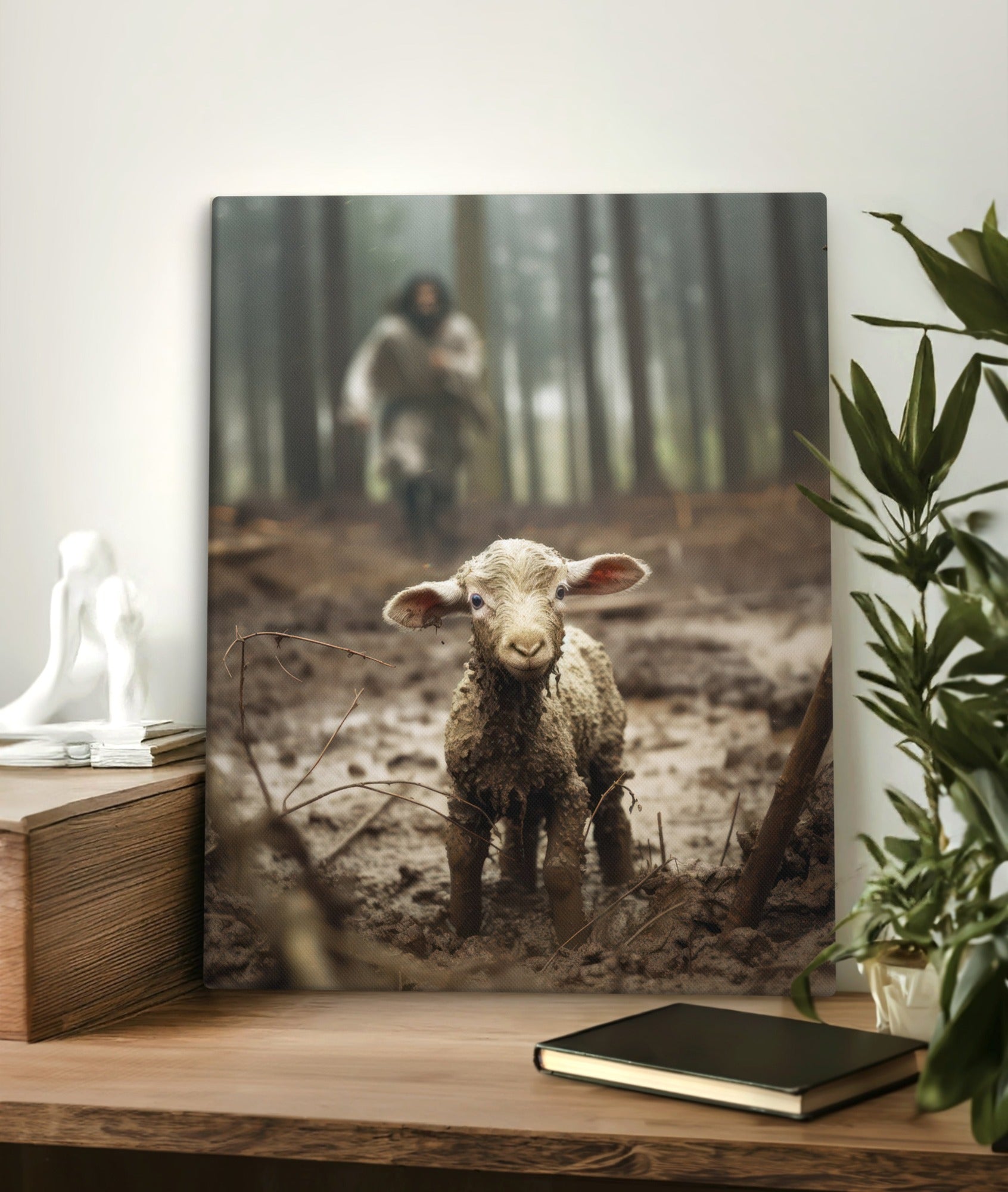 Jesus running after a lamb Christian 16x20" canvas statement wall art, Jesus finds the lost sheep captivating home decor artwork inspired by Matthew 18:12-14 & Luke 15: 4-7 bible verses, He left he 99 to find the one, Jesus loves you