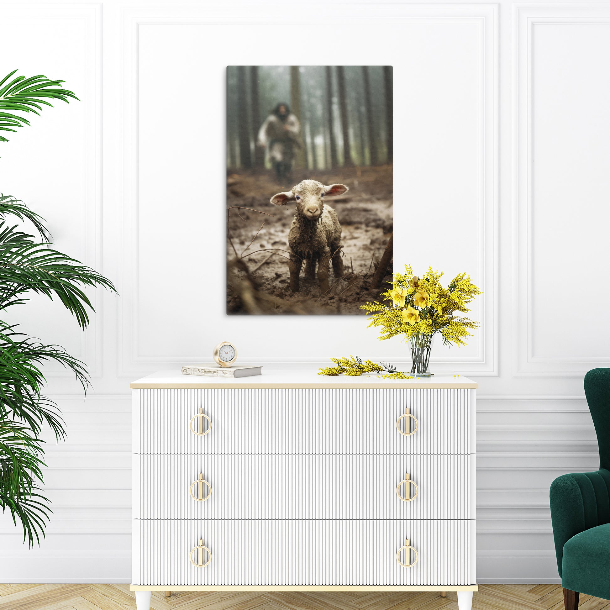Jesus running after a lamb Christian 18x24" canvas statement wall art, Jesus finds the lost sheep captivating home decor artwork inspired by Matthew 18:12-14 & Luke 15: 4-7 bible verses, He left he 99 to find the one, Jesus loves you