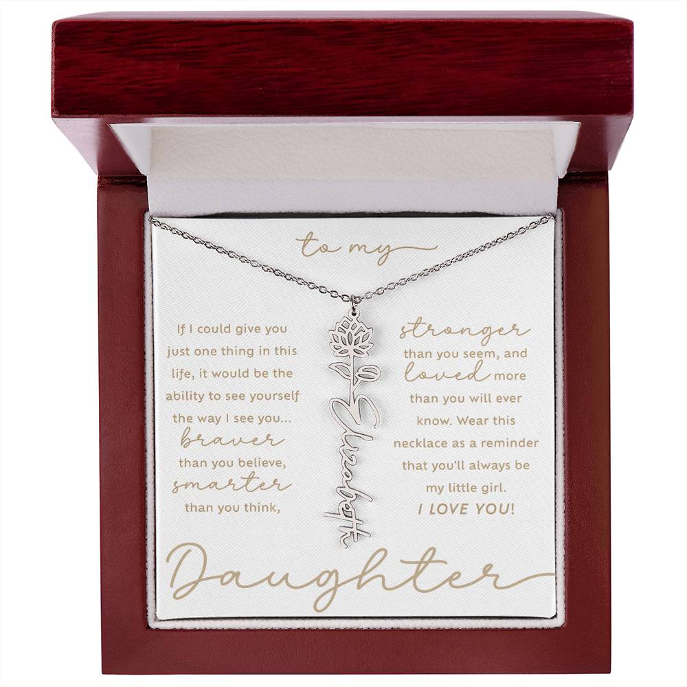 To My Daughter i love you message card July water lily birth month flower custom script name necklace in polished stainless steel - luxury LED light gift box - perfect Christmas or birthday gift for your lovely daughter