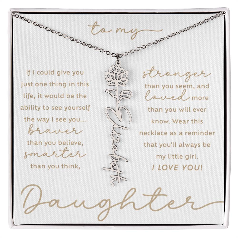 To My Daughter i love you message card custom July water lily birth month flower script name necklace in polished stainless steel - perfect Christmas or birthday gift for your daughter!