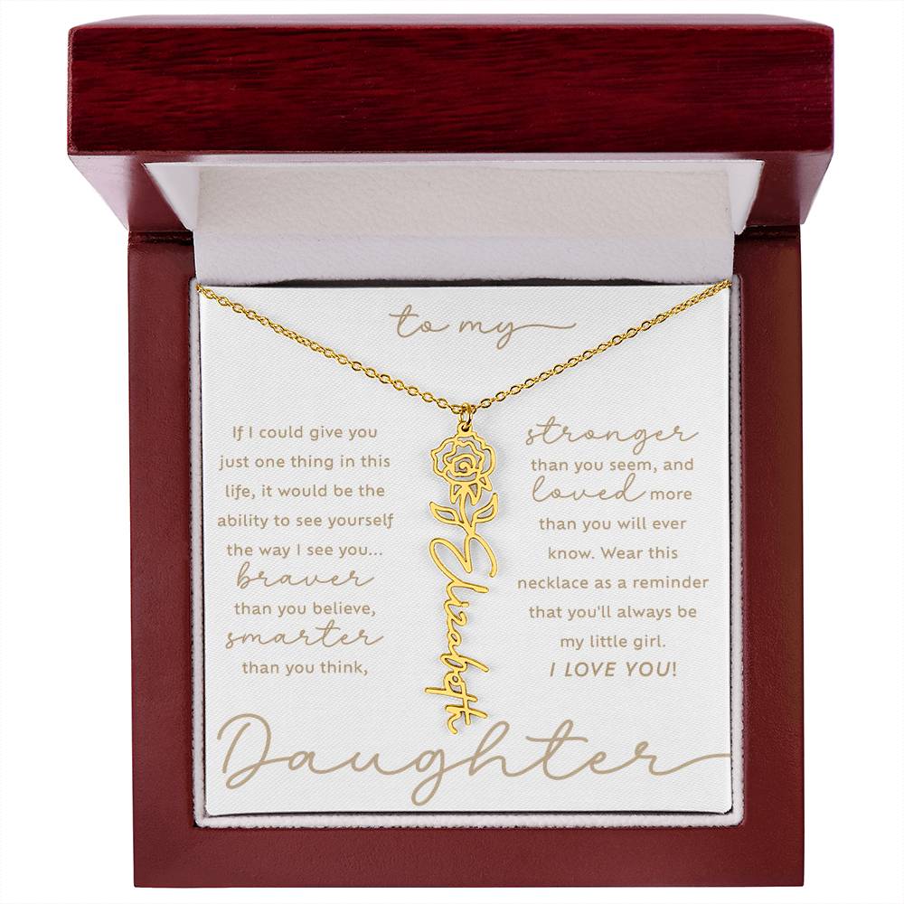 To My Daughter i love you message card June rose birth month flower custom script name necklace in 18k gold - luxury LED light gift box - perfect Christmas or birthday gift for your lovely daughter