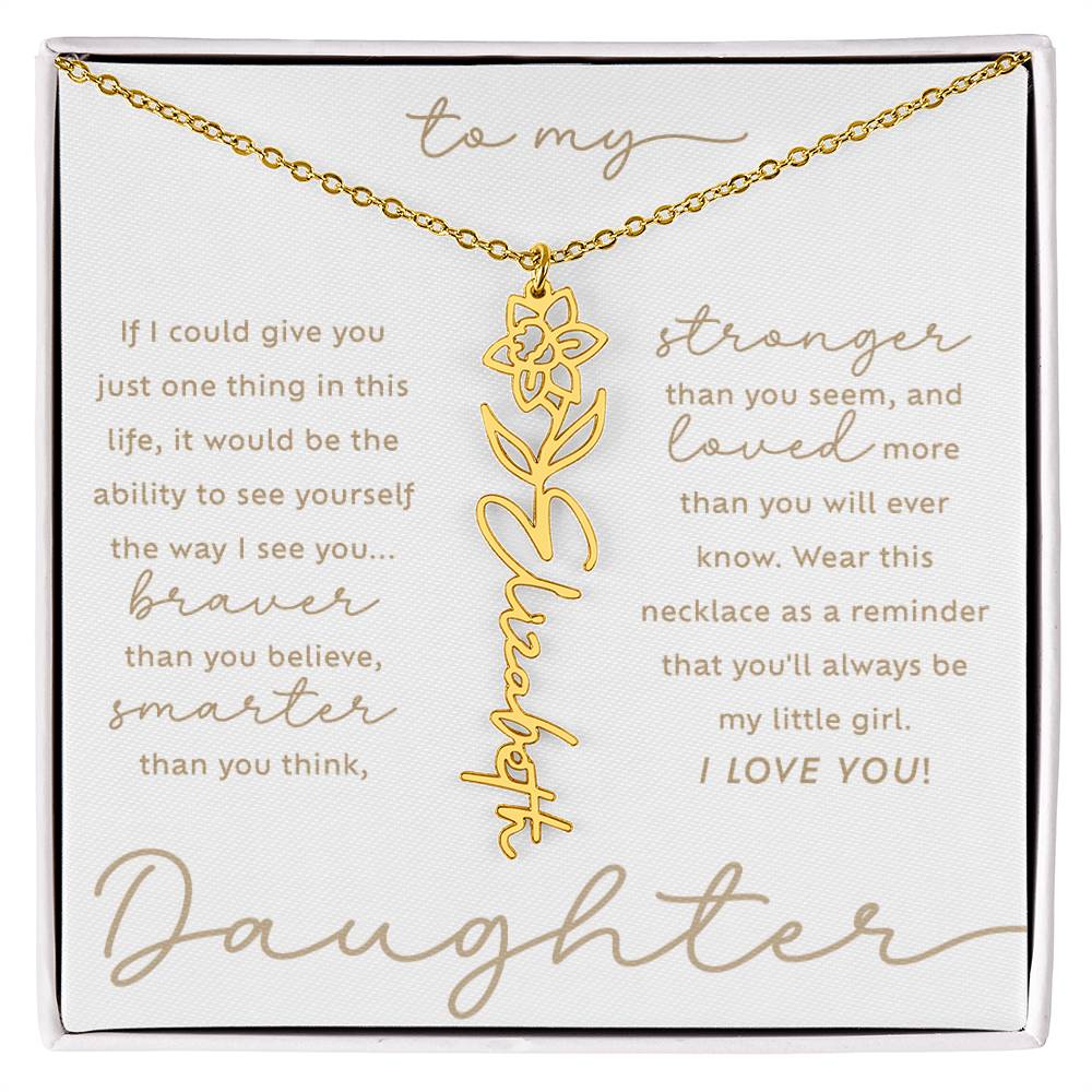 To My Daughter i love you message card March daffodil birth month flower script custom name 18k gold necklace in a standard two-tone gift box - perfect Christmas or birthday gift